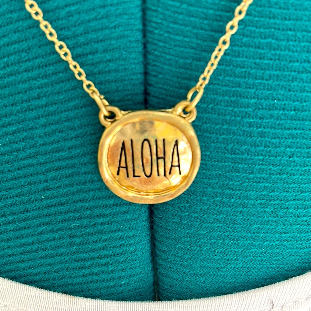 Aloha charm necklace, gold tone with black lettering, adjustable